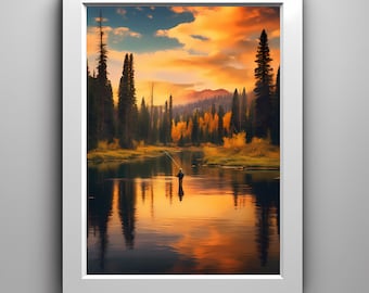 Trout Fishing at Sunset | printable wall art | digital download | wall decor