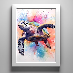 May include: A colorful watercolor painting of a sea turtle swimming in a burst of pink, blue, and green paint splatters.