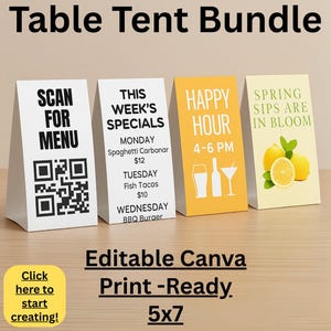 Edytowalne szablony Canva na namiot stołowy – menu QR, oferty specjalne, Happy Hour i sezonowe | Pakiet marketingowy restauracji | Materiały do druku 5x7
