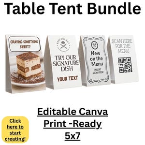 Bewerkbare canvassjablonen voor tafeltent: QR-menu, specials, happy hour en seizoensgebonden | Restaurantmarketingbundel | Afdrukbare items van 5 x 7