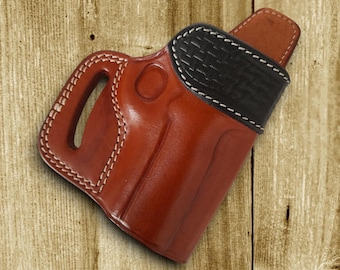 May include: A brown leather holster with a black leather flap and white stitching. The holster is designed to hold a handgun.
