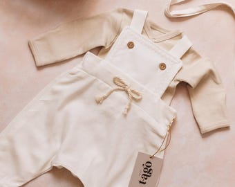 Off White Classic Baby Set(Multi- size): Minimalist Linen Jersey Romper, Organic Cotton Bodysuit & Bonnet, Gender Neutral Christening Outfit