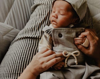Vintage Warm Blue Baby Jumper Set(Multi Size): Hand Embroidered Linen Romper, Organic Cotton Bodysuit & Bonnet,Newborn Boy Coming Home