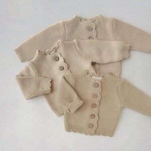 Baby Sophia Knitted Cotton Sweater - Neutral Baby Cardigan with Wooden Buttons - 100% Cotton Newborn Gift - Classic Baby Take Home Outfit