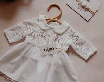 Babyjurkje met madeliefjes: outfit met Peter Pan-kraag en borduurwerk, bloemenjurkje voor pasgeborenen met parelhoofdband, handgemaakte thuiskomstset, T-AGO