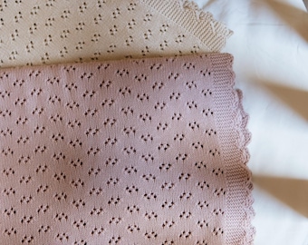 Soft Knitted Cotton Baby Blanket - Oatmeal Neutral Nursery Bedding - Pink Heirloom Quality Baby Gift - 100% Cotton Stroller Blanket