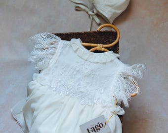 Boho Off White Baby Dress: Handcrafted Newborn Only Set, Organic Cotton Diaper Cover & Headband, Coming Home Outfit, T-AGO Original Design