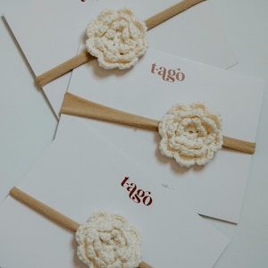 Single Crochet Flower Headband - Sustainable Baby Gift - 100% Cotton Flower Bow on Soft Nylon - Eco-Friendly Newborn Accessory 0-12M