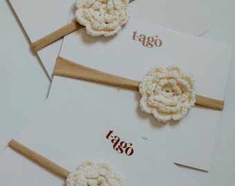 Single Crochet Flower Headband - Sustainable Baby Gift - 100% Cotton Flower Bow on Soft Nylon - Eco-Friendly Newborn Accessory 0-12M
