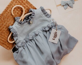 Blue Gray Linen & Chiffon Baby Dress Set(Newborn): Handcrafted Newborn Romper with Headband, Coming Home Outfit, Artisan Baby Girl Gift