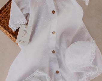 Ensemble bébé vintage années 1990 à col Claudine : barboteuse unisexe 100 % coton avec bonnet et bordure en dentelle, cadeau de naissance mixte, T-AGO
