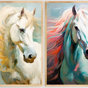 Pastel Horse Wall Art Set, Teen Wall Art Set, White Horse Paintings, Printable Wall Art, White Horse Prints, Digital Download. VS47