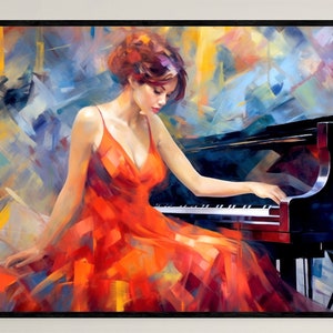 Lady in Red Piano Art Print: Abstract Colorful Wall Art (Digital Download)