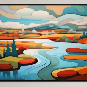 Abstract Landscape Art Print: Modern River Scene (Digital Download)