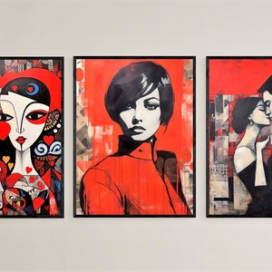 Red Pop Art Wall Gallery Set: Eclectic Woman Art (Digital Download)