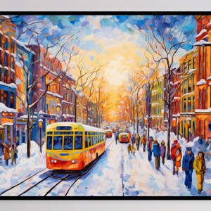 Winter Street Wall Art, Bus in Winter Wall Art, Colorful Wall Art, Printable Wall Art, Digital Wall Art, Home Decor, Digital Download. H115