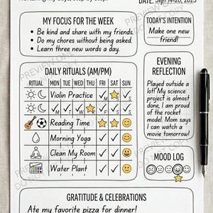May include: A printed A4 sheet titled "Mindful Routine Tracker" with sections for daily rituals, focus, and gratitude. Includes a pen for writing. The tracker is dated September 14-20, 2023.