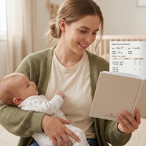 May include: A beige fabric-covered baby journal titled Raya Blossom with an open page displaying a Daily Routine & Growth tracker. The page includes sections for date, age, weight, and a table for tracking food, sleep, and nursing activities.
