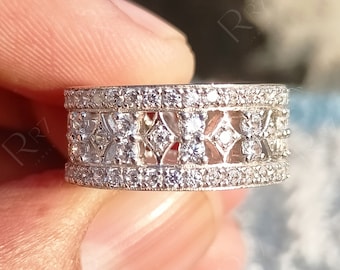 White Gold 9mm Wide Anniversary Band Rings For Women, Unique Art Deco Wedding Band