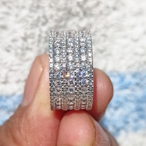 Wide Multi Row Moissanite Band For Women, Wide Wedding Anniversary Band, 7 Row Thick Moissanite Diamond Band, Ladies Diamond Band