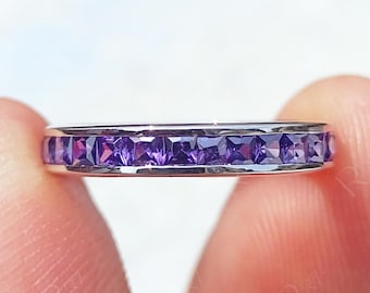 Princess Cut Amethyst Channel Set Eternity Wedding Band, White Gold Anniversary Bands Women