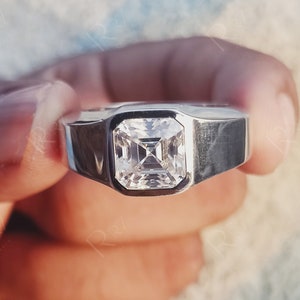 Asscher Cut Moissanite Mens Solitaire Engagement Ring, Bezel Set Asscher Cut Wedding Ring, Promise Ring For Him, Husband Anniversary Rings