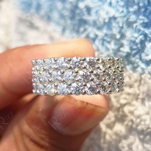 Three Row Wide Anniversary Band Rings, 3 Row Moissanite Diamond Wedding Band, Full Eternity Band For Women, Silver & 10K Gold Promise Ring
