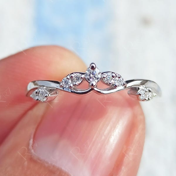 Unique Curved Gold Wedding Band For Women, Art Deco Moissanite Stackable Band, Bridal Matching Band