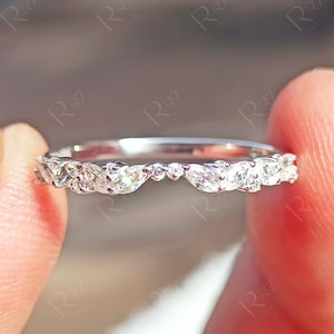 Moissanite Cluster Notched Wedding Band Marquise And Round Cut Stackable Rings Dainty Matching Anniversary Band