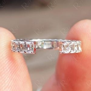 Open Moissanite Radiant Cut Wedding Band With Gap, Customized Open Gap Stacking Ring, Full Eternity Band With Space