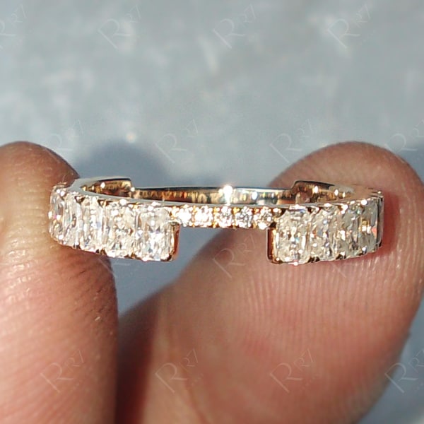 Radiant Cut Moissanite Notched Stacking Wedding Band, Stackable Matching Band With Notch