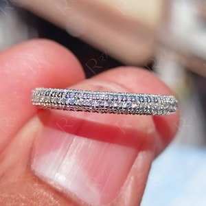 Three Sided Micro Pave Set 3/4 Eternity Wedding Band For Women, Round Cut Pave 3 Row Moissanite Anniversary Band, Promise Ring