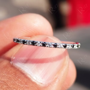 Black And White Moissanite Half Eternity Bands For Women, 1.50mm Pave Wedding Band, Minimalist Pave Stacking Ring, Anniversary Band