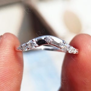 Star Design Celestial Curved Wedding Band White Gold, Unique Contour Stacking Bands For Women