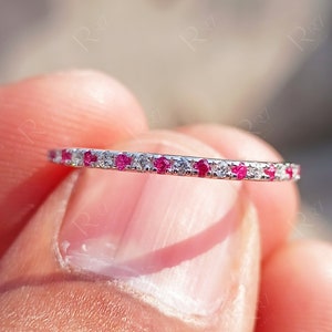 Ruby And Moissanite Alternating Band, Micro Pave Half Eternity Wedding Bands Women, July Birthstone Ring, Anniversary Bands, Promise Ring
