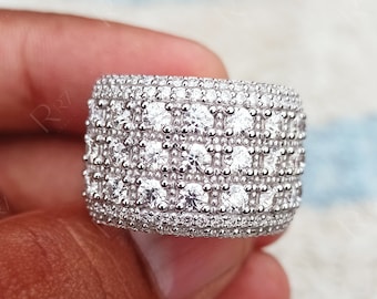 Moissanite Extra Wide Wedding Bands Women, Multi Row Thick Right Hand Band In 925 Silver