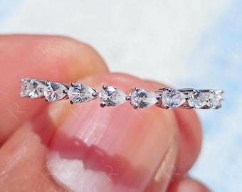 East West Pear Shaped Half Eternity Band White Gold, Moissanite Stackable Wedding Bands Women