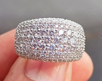 Wide Moissanite Pave Dome Statement Ring, Multi Row Cocktail Right Hand Ring For Women