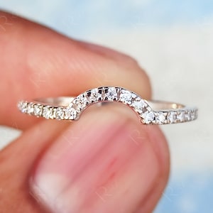 Semi Circle Curved Stackable Wedding Band, Arched Moissanite Pave Half Eternity Band, Contour Ring