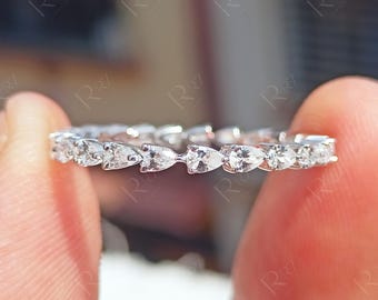 East West Pear Shaped Moissanite Wedding Band, White Gold Eternity Matching Bands For Women