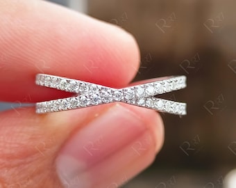 Anillo de boda de moissanita con diseño cruzado, anillos llamativos cruzados en forma de X para mujer, anillo de aniversario de oro blanco de 14 quilates
