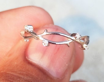 Nature Inspired Twig Leaf Wedding Band For Women, Moissanite Unique Branch Matching Band