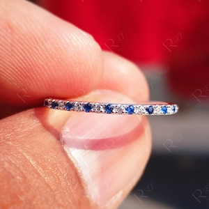 Alternating Blue Sapphire And Moissanite Wedding Band, Pave Sapphire Half Eternity Band, Minimalist Stacking Ring, Anniversary Band