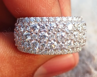 Round Moissanite Cluster Wide Band Rings For Women, Unique Thick Anniversary Ring, Multiple Stone Ladies Wedding Eternity Band