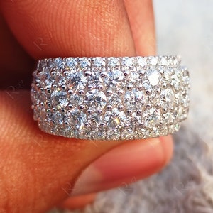 Round Moissanite Cluster Wide Band Rings For Women, Unique Thick Anniversary Ring, Multiple Stone Wedding Band, Ladies Diamond Eternity Band