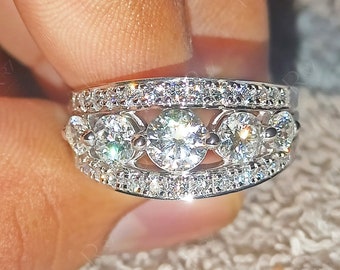 Unique Colorless Moissanite Anniversary Rings, Wide Wedding Bands Women, 3 Row Graduated Ring, Solid 10K Gold Art Deco Band