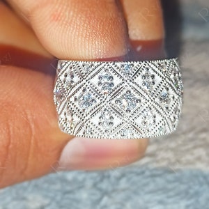 Art Deco Vintage Milgrain Wedding Bands For Women, Wide Moissanite Band, Edwardian Style Statement Ring, Unique Anniversary Rings