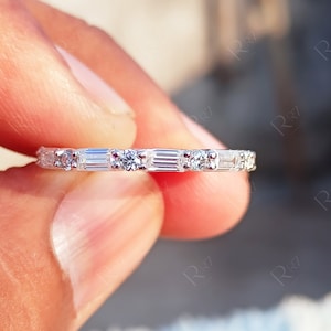 Alternating Baguette And Round Full Eternity Band, Moissanite Womens Wedding Band, Diamond Stackable Rings, Matching Anniversary Band