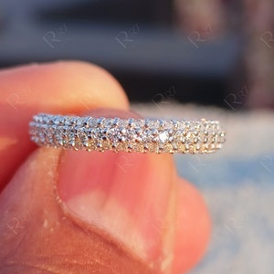 Micro Pave 3 Sided Moissanite Wedding Band, Three Side Pave Full Eternity Band, Moissanite Stackable Ring For Women, 3D Bridal Matching Band