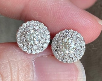 Double Halo Stud Earrings, Moissanite Round Earrings For Women, Silver & 10K Gold Wedding Anniversary Earrings, Moissanite Diamond Studs